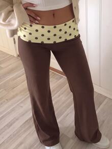 SHEIN Tween Girl Tween Girl Tween Girls Polka Dot Patchwork Coffee Color Casual Long Pants - Multicolor - View 4