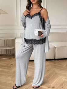 Dazy Maternity Maternity Colorblock Lace Camisole And Adjustable Waist Long Pants With Long Sleeve Cardigan Set - Grey - View 5