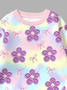幼童女童紮染花卉蝴蝶結印花圓領衛衣 + 純色彈性內搭褲休閒兩件套 - 彩色 - 查看 4
