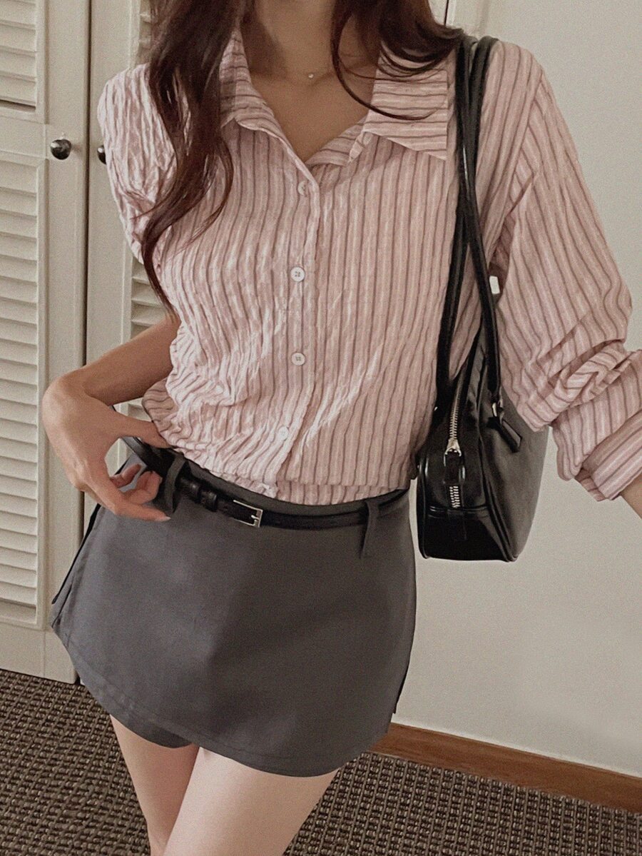 DAZY 女款休閒通勤條紋襯衫 - 粉色 - 查看 1