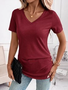 SHEIN Clasi 夏季優雅女款條紋印花居家通勤等多用途服飾 - 酒紅色 - 查看 6