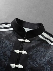 ROMWE MEN Áo nỉ unisex phong cách đường phố vintage thương hiệu, kiểu Trung Quốc mới, họa tiết rồng in kỹ thuật số màu tối, cổ đứng, khuy cài kiểu ếch - màu đen - Xem 2