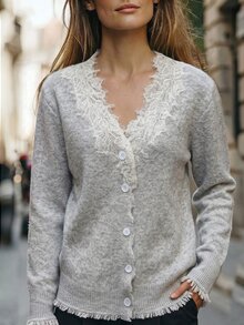 Omancia Retro Elegant Patchwork Lace Women's Cardigan, Women's Autumn Commuting Outfit - Grey - View 4