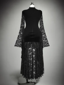 SHEIN ICON Plus Size Women's Autumn/Winter Retro Sexy Elegant Dark Gothic Style Velvet Patchwork Lace Flared Sleeves Ruffled Black Slim Fit Dress - Black - View 2