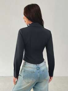 SHEIN PETITE 女款純色長袖單排扣休閒襯衫 - 深灰色 - 查看 2
