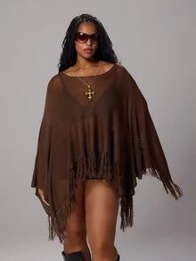Rustia Sweater Ukuran Besar dengan Rumbai di Bagian Bawah dan Lengan Kelelawar untuk Musim Gugur - Coffee Brown - View 6