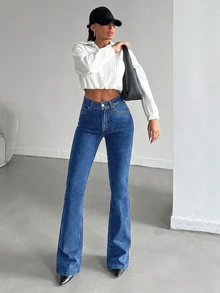 SHEIN Tall 女款高腰口袋休閒喇叭牛仔褲 秋冬牛仔褲 女士辦公穿搭 秋季服飾 - 中等水洗藍 - 查看 3