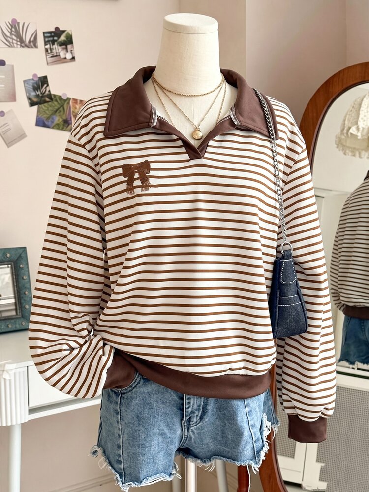 Tween Girls' American Collegiate Style Striped Polo Collar Sweatshirt With Bow Detail, Vintage Brown Loose Fit Long Sleeve Pullover Top - Multicolor - View 5
