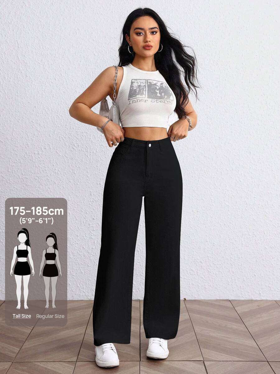 Flexra Tall Fashionable Versatile Solid Color High-Waist Straight Leg Jeans - Black - View 1