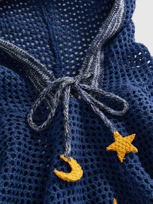 ROMWE Autumn/Winter Women's Pullover Batwing Sleeve Cape-Style Hooded Sweater With Star & Moon Mysterious Hippie Style - Navy Blue - View 3