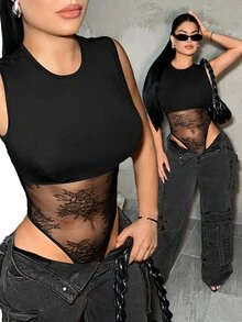 SHEIN SXY Sexig ärmlös genomskinlig body med spets och patchwork - Svart - Visa 5