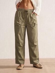 Bohemela Women's Solid Color Casual Cargo Pants For Fall, Perfect For Vacations And Going Out - Army Green - View 5
