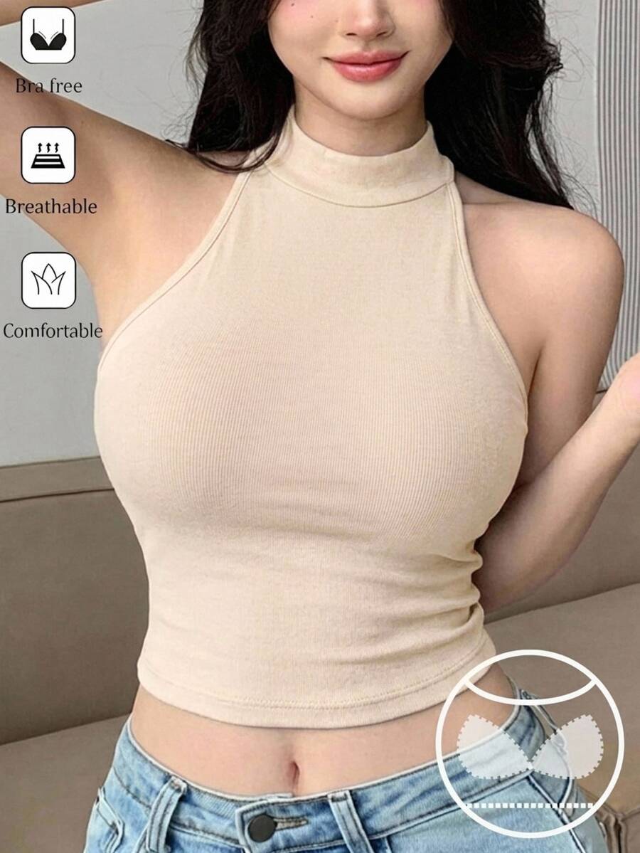 DAZY 女款純色修身短版掛脖背心上衣 - 米色 - 查看 1