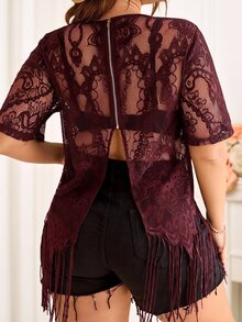 Reflora Plus Size Women's Lace Casual Versatile Everyday Top - Burgundy - View 2