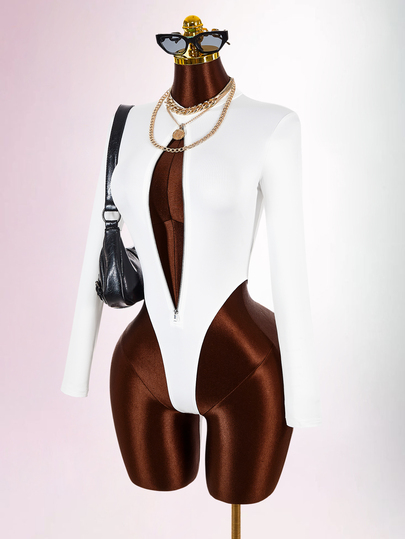 Amplova Zipper Bodycon Fitted Y2K Sexy Casual Fashion Versatile Women's Mini Bodysuit