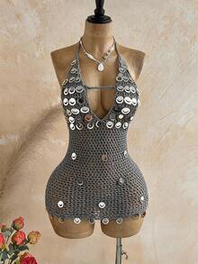 Soleia Plus Size Women's Grey Autumn/Winter Sequin Halter Neck Knit Dress - Grey - View 3