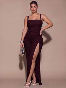 SHEIN BAE CURVE Plus Size Women Elegant Pleated Front Slit Dress For Date - Maroon - View 7