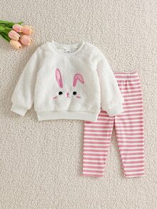 SHEIN Vintaside Kids 2pcs Baju Legging Pullover Bayi Perempuan Lucu Manis Putih Pink Bordir Kelinci Bergaris Lengan Panjang Leher Bulat Mewah Pesta Musim Dingin Natal Putri Bergaris - Berwarna merah muda - View 5