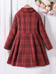 SHEIN Tween Girls' Back To School Autumn Vintage Red Plaid Overcoat With Bow Decor, Peter Pan Collar, Double-Breasted Daily Jacket - Red - View 2
