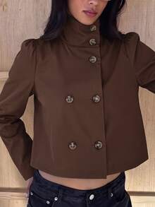SHEIN EZwear 女款素色雙排扣長袖休閒風衣 - 棕色 - 查看 9