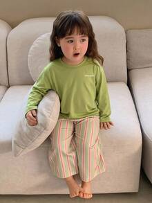 DAZY 女嬰圓領純色字母印花長袖上衣韓版寬鬆長褲兩件套居家服 - 綠色 - 查看 4