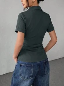 SHEIN PETITE Women's Solid Color Casual Versatile Daily Wear Shirt - Dark Grey - View 2