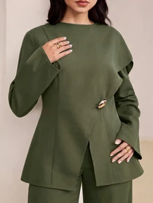 Veilorie 大尺碼優雅派對上衣與長褲兩件套 - 軍綠色 - 查看 10