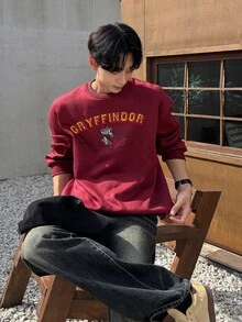 DAZY 男士字母印花休閒日常長袖運動衫 - 酒紅色 - 查看 7