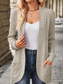 EMERY ROSE Women's Casual Ribbed Brushed Open Front Side Pocket Short Jacket - Khaki - View 6