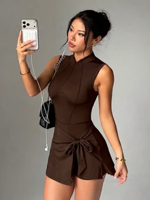 SHEIN Dewbera Women's Solid Color Casual Daily Travel Sports Dress - Brown - View 4