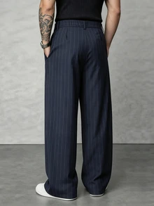 Manfinity Homme Men's Navy Blue Striped Long Pants, Loose Casual Versatile Design With Double Pleats, Wide Leg Trousers - Navy Blue - View 2