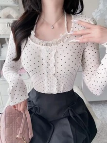 FRIFUL Women's Polka Dot Print Frill Trim Single-Breasted Halter Neck T-Shirt Fall - White - View 4