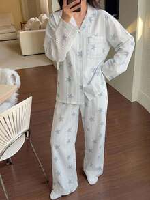DAZY 2pcs/Set Women's Loose Long Sleeve Cardigan Striped Star Pattern Pajama Set Fall - Blue - View 7