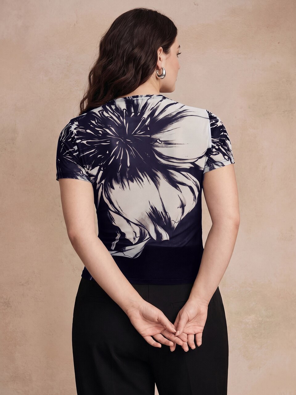 Spring/Summer New Elegant Fashion Casual Holiday Outing Date Graphic Print Elastic Mesh Short Sleeve Plus Size Women's Top