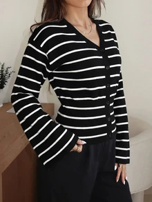 Firerie Damen Schwarz-Weiß gestreifter Langarm einreihiger lässiger französischer Strick-Cardigan Büro Brunch Herbst - Schwarz - Übersicht 5