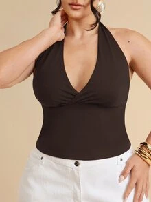 SHEIN BAE CURVE 純色極簡性感V領掛脖蝴蝶結肩帶百搭派對度假約會背心 - 咖啡棕 - 查看 7