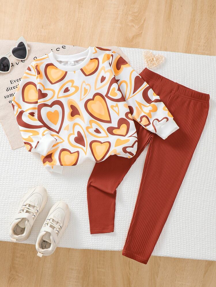 Girls' Cute Casual Preppy Style Heart Print Long Sleeve Top And Pink Long Pants 2 Pieces Set - Brown - View 3