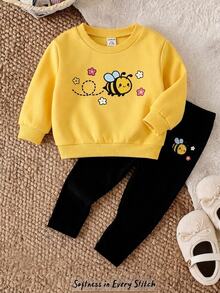 SHEIN Baby Girl Knit Solid Color Cartoon Bee Pattern Sweatshirt & Long Pants 2 Pieces Set - Multicolor - View 5
