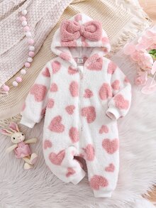 SHEIN 新生女嬰可愛秋冬款毛茸茸愛心圖案連帽連身衣居家服 - 粉色 - 查看 4