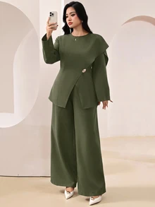 Veilorie 大尺碼優雅派對上衣與長褲兩件套 - 軍綠色 - 查看 6