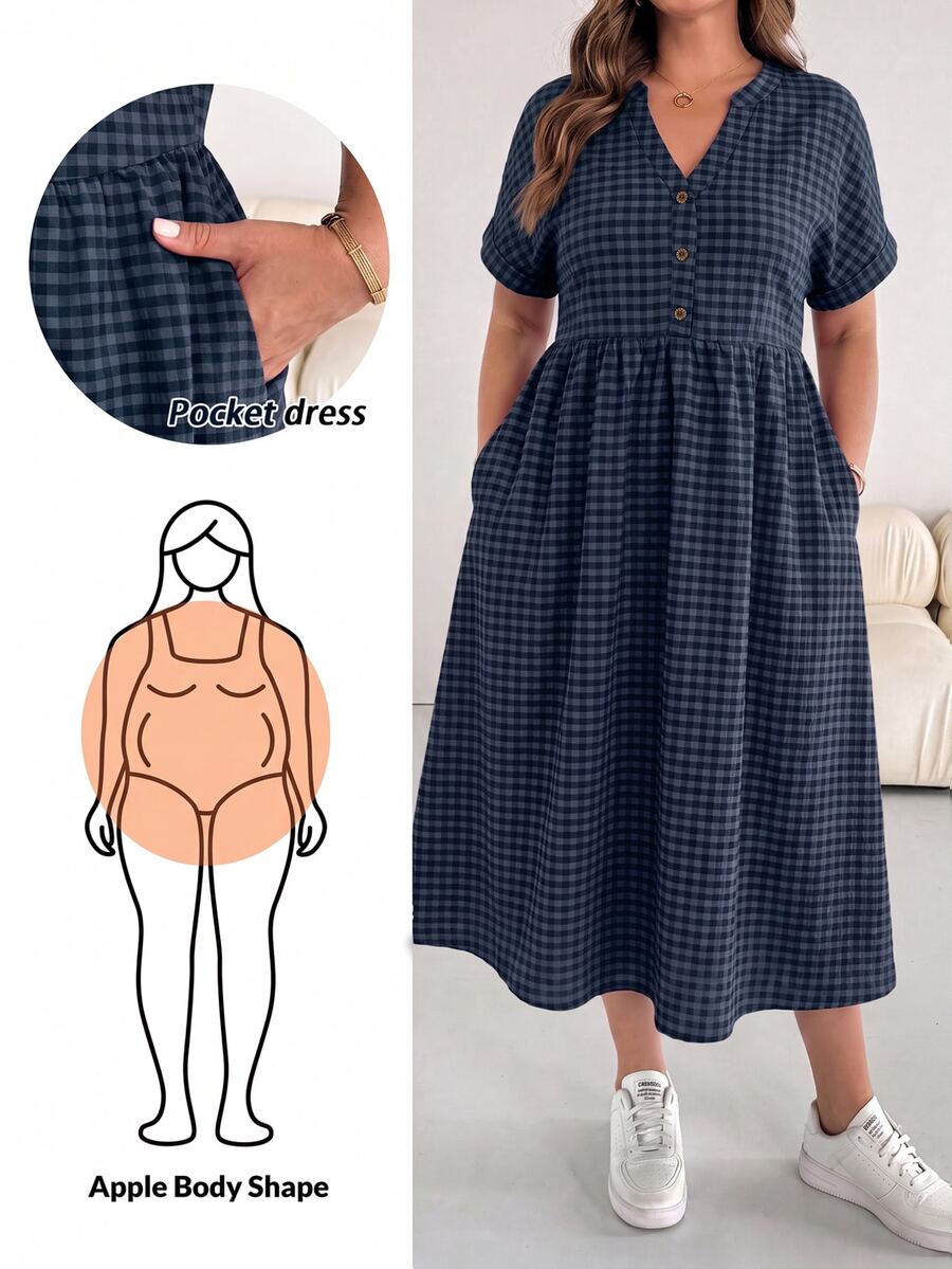 SHEIN Essnce 大尺碼女款春夏時尚休閒寬鬆舒適日常百搭顯瘦粉色格紋V領短袖中長洋裝,附口袋,度假洋裝,夏季粉色洋裝,大尺碼可愛服飾,極簡風,亮色洋裝 - 藍色 - 查看 1