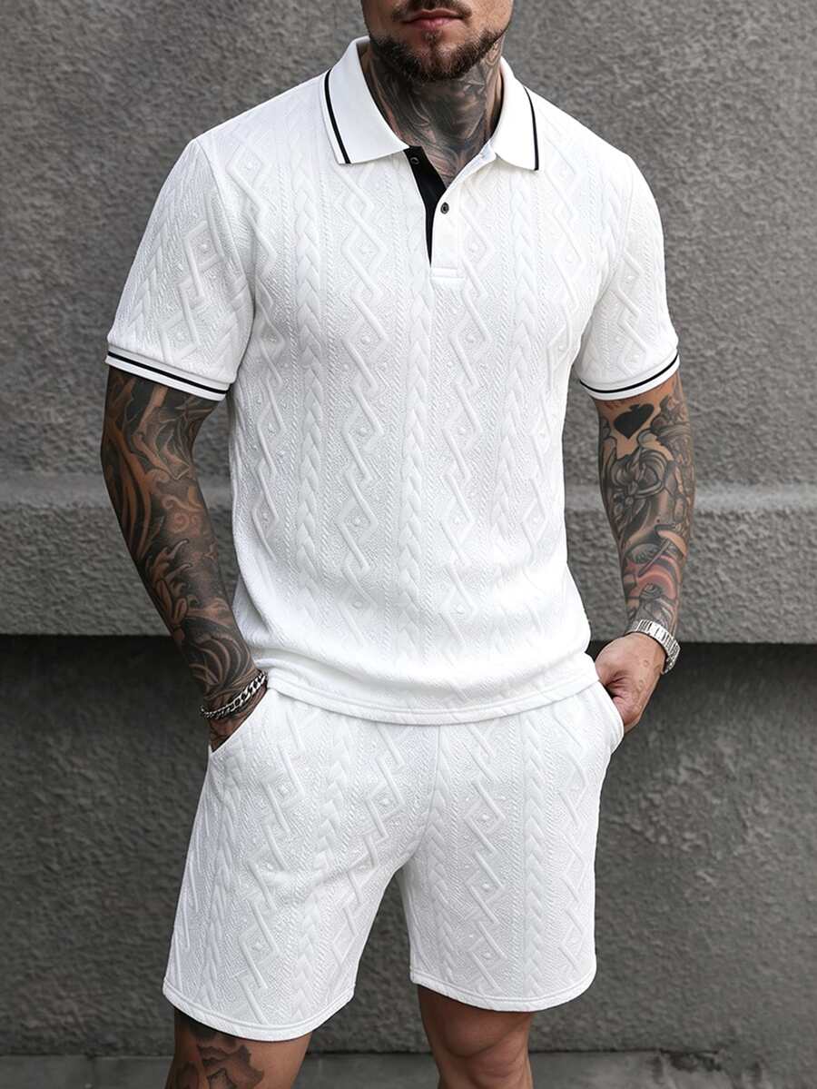 Manfinity CasualCool 男士休閒粗針編織半開襟鈕扣 Polo 衫與口袋短褲套裝 - 白色 - 查看 1