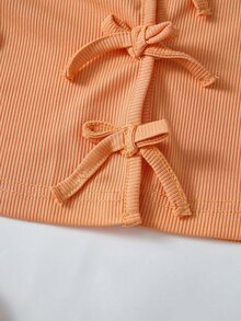 SHEIN 2件組女童春秋休閒針織羅紋蝴蝶結裝飾開襟上衣與印花細肩帶簡約洋裝，可愛日常出遊兩件套 - 橘色 - 查看 5