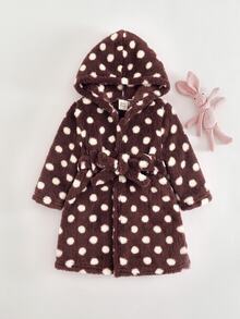 Cozy Pixies 女嬰連帽長袖綁腰睡袍，加厚保暖，適合冬季，女童毛絨秋季睡袍 - 棕色 - 查看 3
