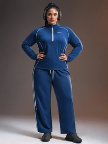 Powerista Women's Plus Size Navy Blue Color Performance Sports Jacket Flexible Zip Stand Collar With White Stripes For Running And Training - Navy Blue - View 4