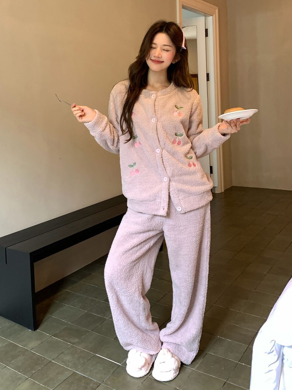 Women's Cherry Pattern Long Sleeve Top And Long Pants Casual Daily Pajama Set Fall