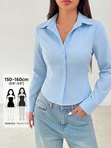 SHEIN PETITE 女款純色休閒百搭日常長袖襯衫 - 淺藍色 - 查看 1