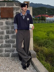 DAZY 春秋款 2合1 格紋布料襯衫，附領口與袖口，小刷毛身片，聯名圖案字母印花，學院風男士襯衫 - 彩色 - 查看 6
