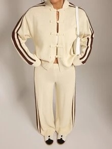 SHEIN PETITE Petites New Chinese-Style Autumn/Winter Set Featuring A Frog-Button Cardigan And Trousers - Apricot - View 3