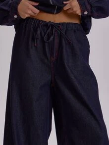 MUSERA Plus Size Blue Denim Drawstring Wide Leg Jeans Winter Fall Womens Outfit Casual - Blue - View 5